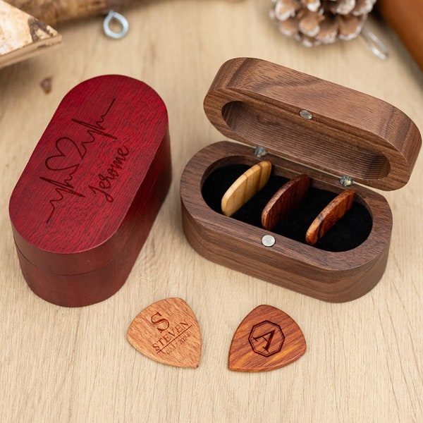 Personalized Wooden Guitar Picks,Engrave Guitar Pick Case,Custom Picks Plectrum Holder,Wooden Box for Guitar Player,Father's Day Gift