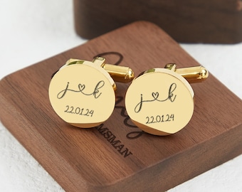 Gemelli personalizzati per gemelli dello sposo, regalo per il giorno del matrimonio, regalo per la festa del papà, gemelli in metallo con scatola di legno, regali per lo sposo, regalo per il marito