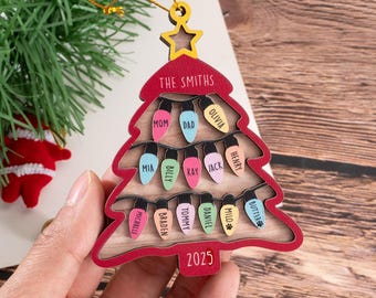 Adorno navideño familiar personalizado, Árbol de Navidad con apellidos familiares (1 a 15 miembros), Adorno navideño con apellidos familiares (2025), Familia numerosa
