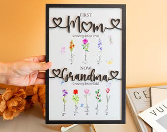 Custom First Mom Now Grandma Sign,Mother&#39;s Day Gift,Mum Birthday Gift,Mom Gift,Gift for Mom,Custom Birth Month Flower Sign,Nana Wood Sign