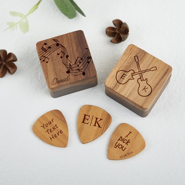 Personalisierte hölzerne Gitarren-Picks mit Etui, kundenspezifischer Gitarren-Pick-Halter, Plektrum Box Gitarrenspieler Geschenk, Vatertag, Massivholz-Picks-Box