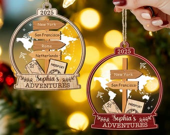Aangepaste avontuurlijke reisornament, gepersonaliseerde bestemmingsaandenken, reizigersornament, vakantiecadeau, kerstcadeau voor reisliefhebbers