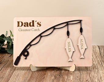 Dad&#39;s Greatest Catch Sign,Personalized Fishing Sign with Kid’s Names,Father&#39;s Day Gift,Dad Birthday Gift,Gift For Husband,Wood Family Sign