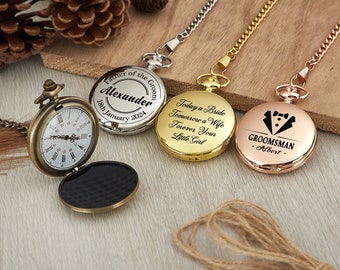 Personalisierte Taschenuhr mit Kette, individuell gravierte Taschenuhr, Trauzeugengeschenke, Freundgeschenk, personalisiertes Abschlussgeschenk für Ihn