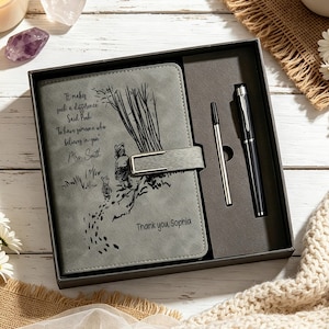 Puede incluir: Un cuaderno gris con cierre metálico y un bolígrafo de tinta negra dentro de una caja de regalo gris oscuro. La portada presenta una ilustración negra de Winnie the Pooh y Piglet con el texto: It makes such a difference said Pooh to have someone who believes in you Mrs. Smith Thank you Sophia.