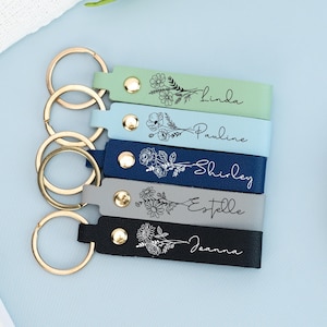 Personalized Birth Flower Leather Keychain,Personalized Name Leather Keyring,Wedding Bridesmaid Gifts,Birthday Party Gift for Her,Bag Tags