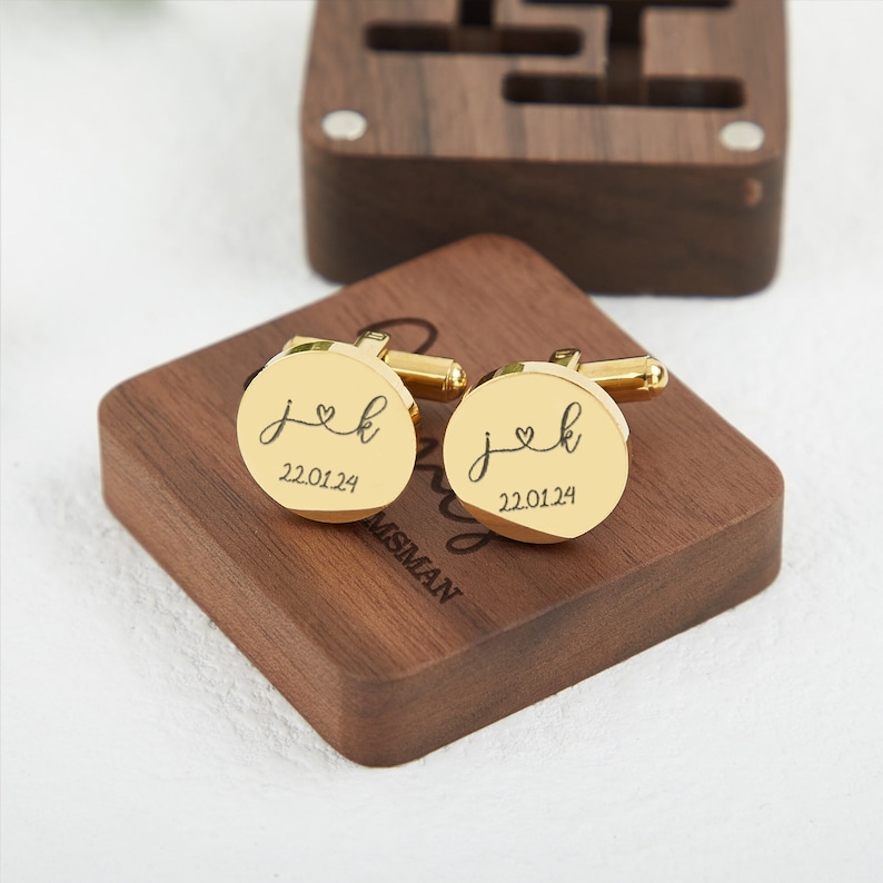 Boutons de manchette personnalisés pour le marié,Cadeau de mariage,Cadeau de fête des pères,Boutons de manchette en métal avec boîte en bois,Cadeaux pour homme d'honneur,Cadeau pour mari image 1