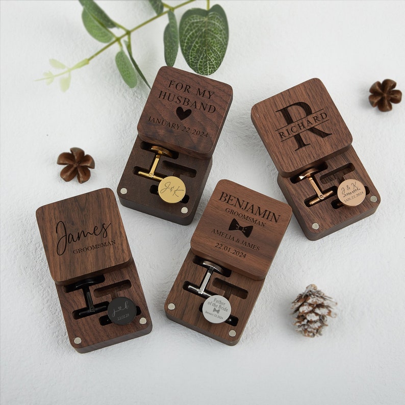 Boutons de manchette personnalisés pour le marié,Cadeau de mariage,Cadeau de fête des pères,Boutons de manchette en métal avec boîte en bois,Cadeaux pour homme d'honneur,Cadeau pour mari image 6