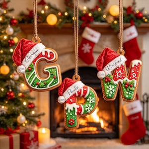 May include: Three hanging Christmas ornaments shaped like the letters G, P, and W. Each letter is decorated with red and green icing, white snowflake accents, and a red Santa hat. The names Georgia, Paula, and Winifred are printed with 2026.