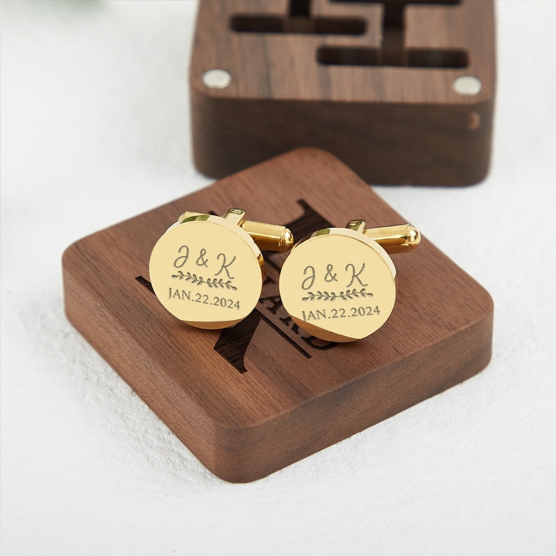 Boutons de manchette personnalisés pour le marié,Cadeau de mariage,Cadeau de fête des pères,Boutons de manchette en métal avec boîte en bois,Cadeaux pour homme d'honneur,Cadeau pour mari image 3