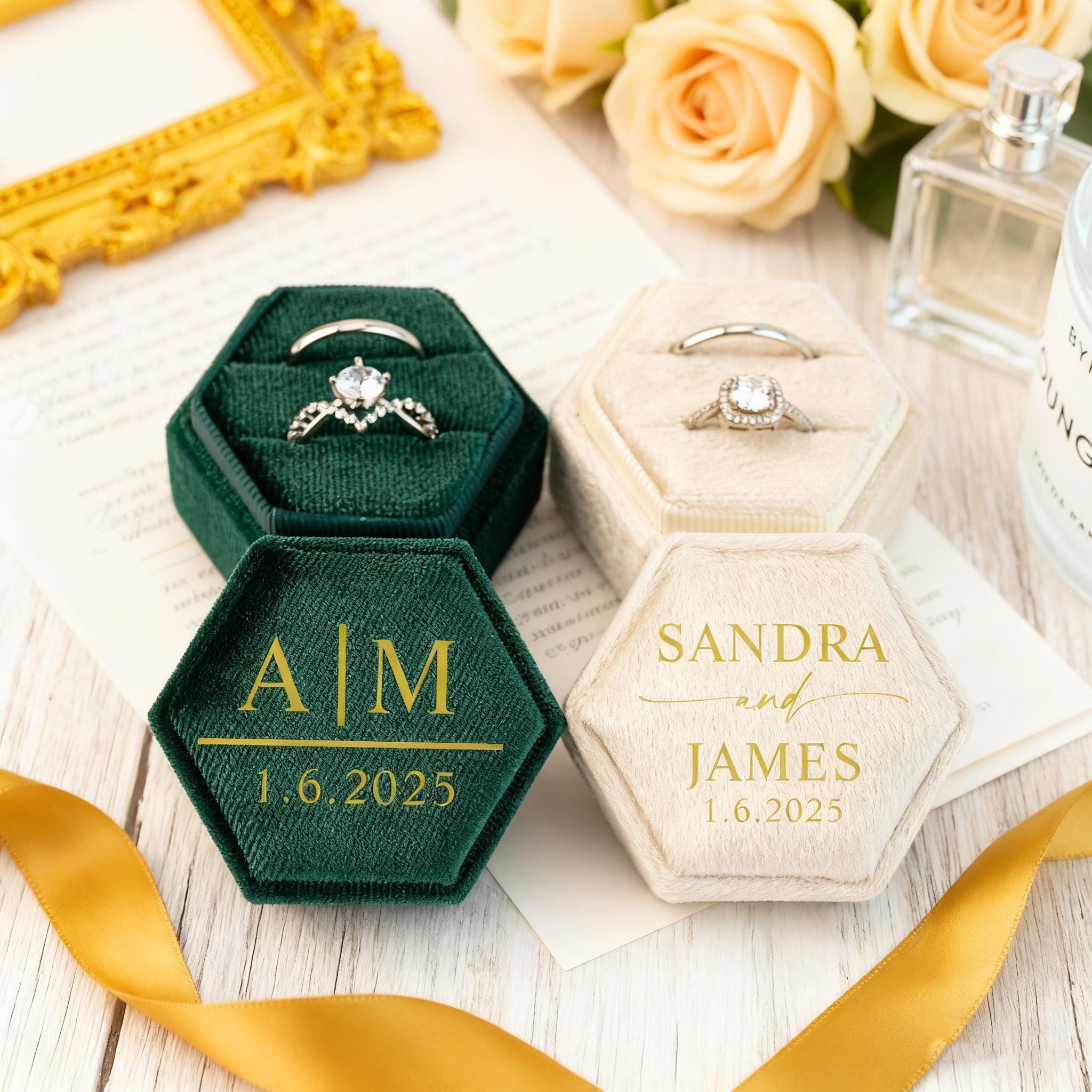 Ring Box for Wedding Ceremony 3 rings, mirror Acrylic Golden
