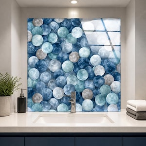 Blue Bubble Glass Backsplash, Aqua White Kitchen Splashback Panel, Modern Stove Back Panel, Coastal Wall Decor