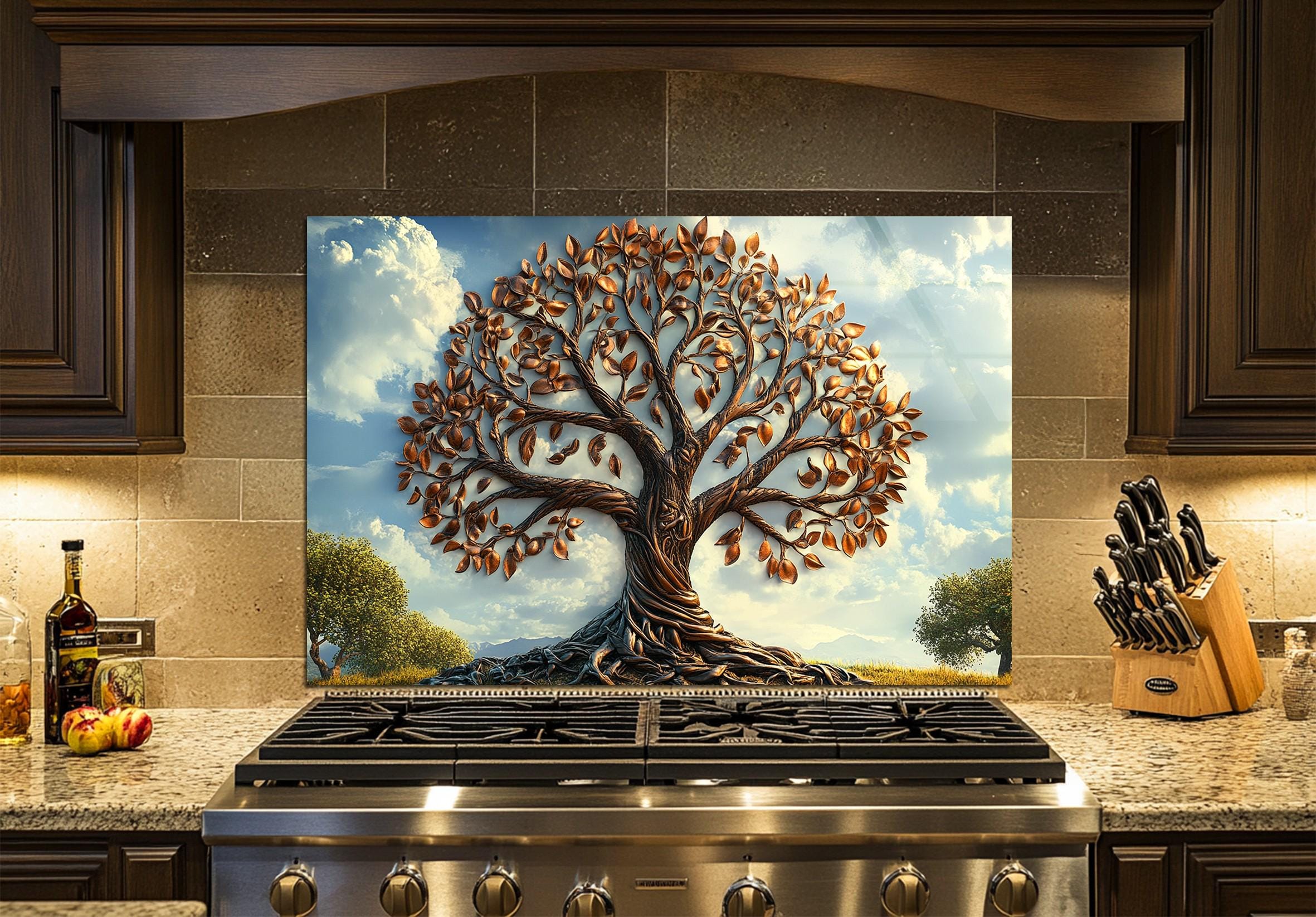 Nature Splashbacks Tree of Life Glass Backsplash – Rustic Kitchen Splashback, Tempered ...