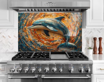 Tempered Glass Backsplash Tiles-Dolphin Backsplash for Kitchen Fish Splashback Stove Back Cover-Sink Splashback Mosaic Backsplash Fishes