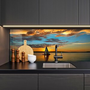 Sea View Tempered Glass Kitchen Backsplash: Sailboat Sunset
