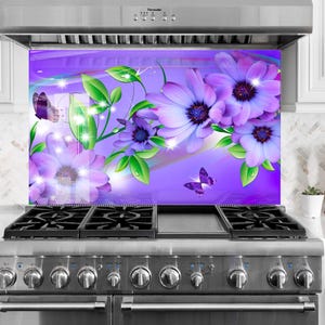 Floral Tempered Glass Kitchen Backsplash: Flower Tile Stove Cover
