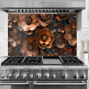 Copper Flower Tempered Glass Backsplash: Kitchen Stove Cover