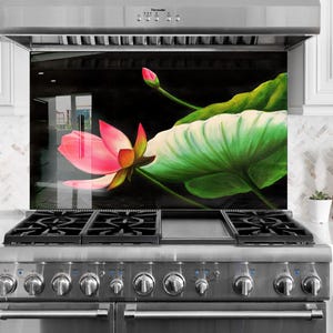 Floral Tempered Glass Kitchen Backsplash: Lotus Flower Stove Cover