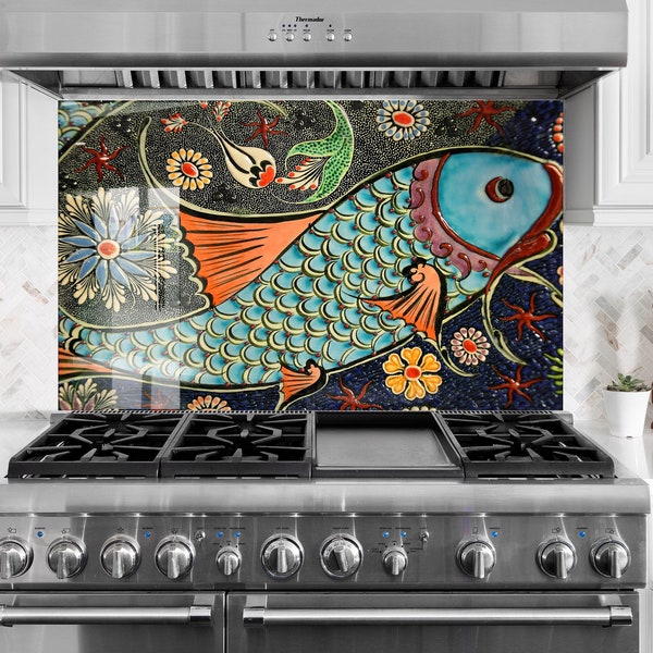 Tempered Glass Backsplash Mosaic Fish Backsplash for Kitchen Splashback Stove Back Cover-Sink Splashback Tile-Mosaic Tile-Fish Wall Decor