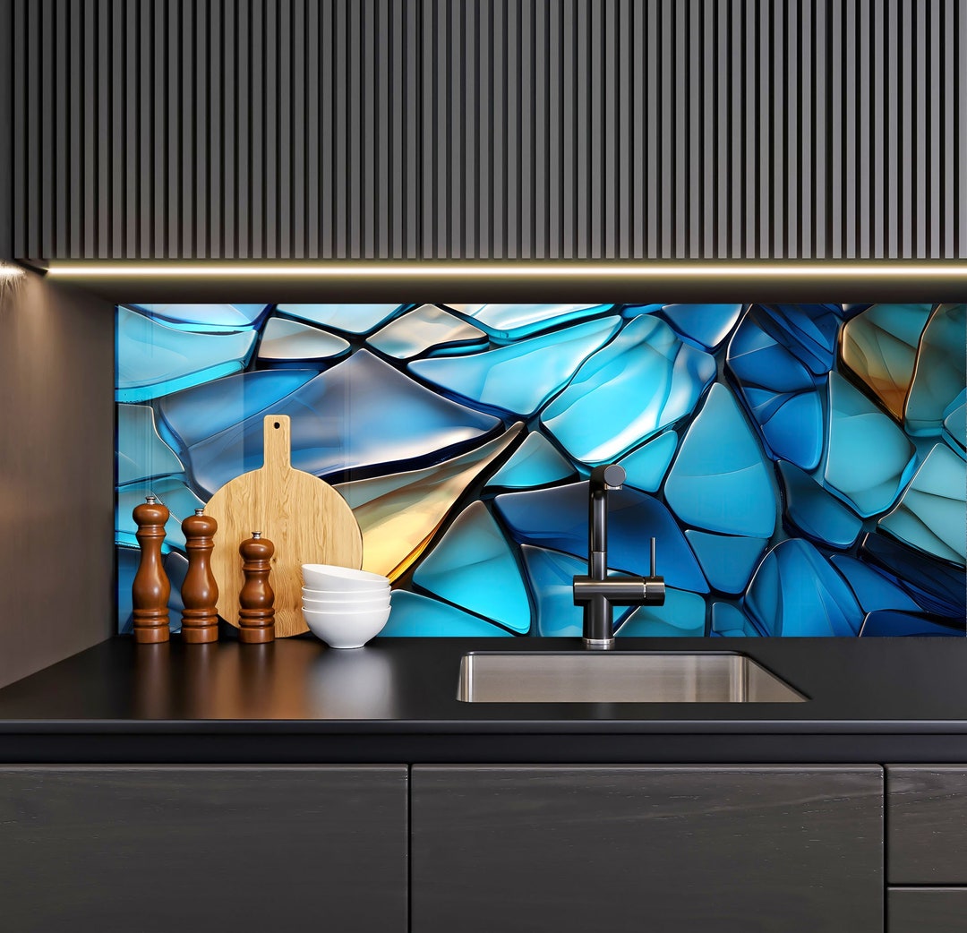 Tempered Glass Backsplash Blue Stained Backsplash for Kitchen ...