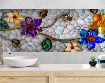 Floral Stained Glass Tempered Glass Backsplash: Heat & Moisture Resistant
