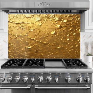 Tempered Glass Gold Backsplash Design, Cooker Wall Backsplash Panel, Glass Splashback For Kitchen Panel Design, Golden Splashback Marble