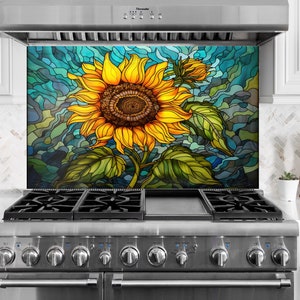 Tempered Glass Backsplash Tiles-Stained Backsplash for Kitchen Splashback Stove Back Cover-Sink Splashback Tile Sunflower Backsplash Panel