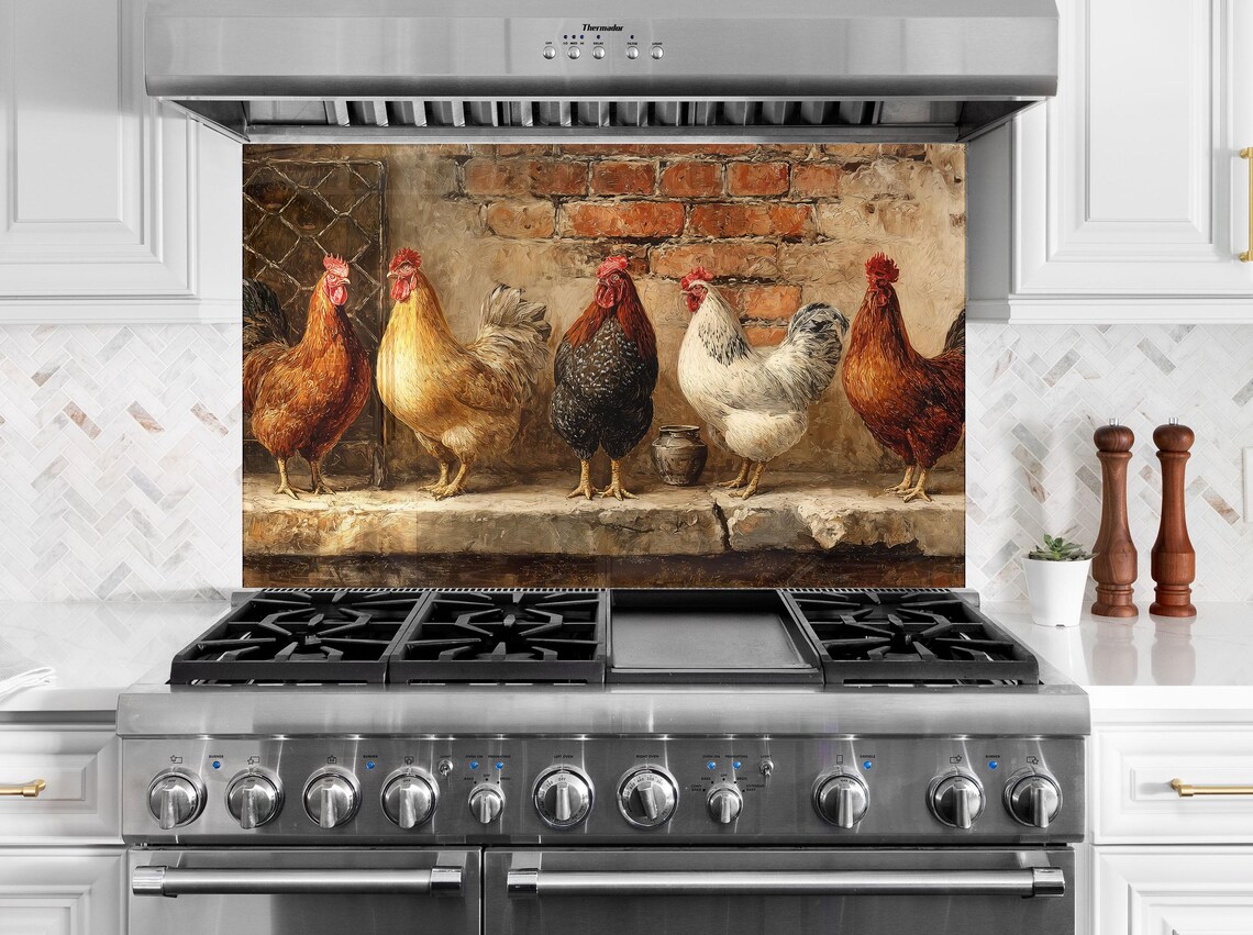 Rustic Chicken Farmhouse Glass Backsplash – Vintage Kitchen Wall Art ...