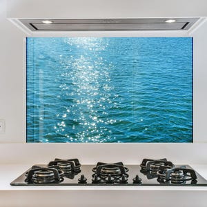 Blue Ocean View Tempered Glass Kitchen Backsplash - Coastal Modern