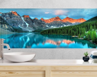 Tempered Glass Kitchen Backsplash: Mountain Lake View