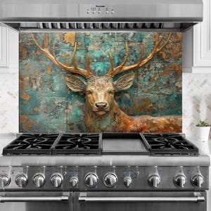 Deer Tempered Glass Backsplash: Rustic Copper Stove Cover, Mothers Day Gift