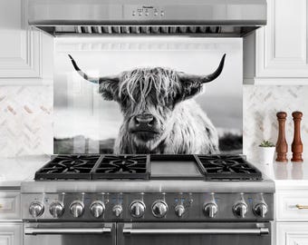 Protector antisalpicaduras de cocina de vidrio templado con diseño de vaca de las Tierras Altas: Azulejo rústico de granja.