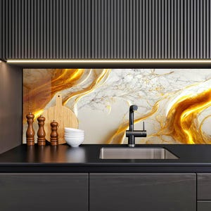 Tempered Glass Golden Backsplash Design, Cooker Wall Backsplash Panel, Glass Splashback For Kitchen wall Panel, Gold Splashback Marble