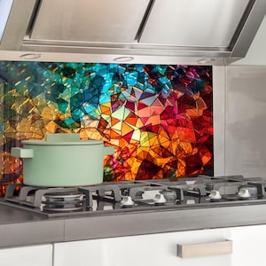 Colorful Tempered Glass Kitchen Backsplash: Geometric Wall Art