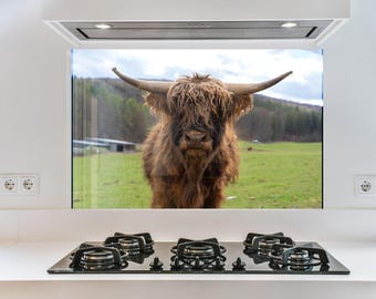 Salpicadero de cocina de vidrio templado con diseño de vaca de las Tierras Altas: decoración rústica de estilo granja.