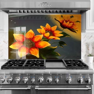 Floral Tempered Glass Kitchen Backsplash: Flower Tile Stove Cover