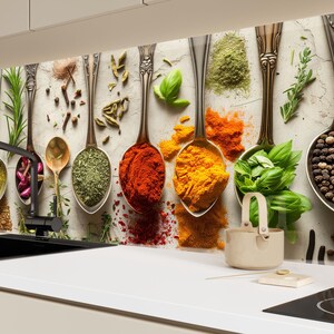 a wall of spoons filled with different types of spices