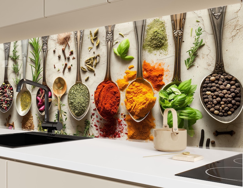 a wall of spoons filled with different types of spices