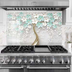 Floral Tempered Glass Kitchen Backsplash: Flower Tile Stove Cover