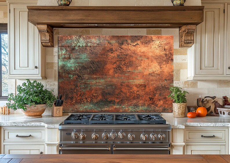 Rust Kitchen Splashback Rust Copper Abstract Glass Backsplash – Industrial Patina Tempered ...