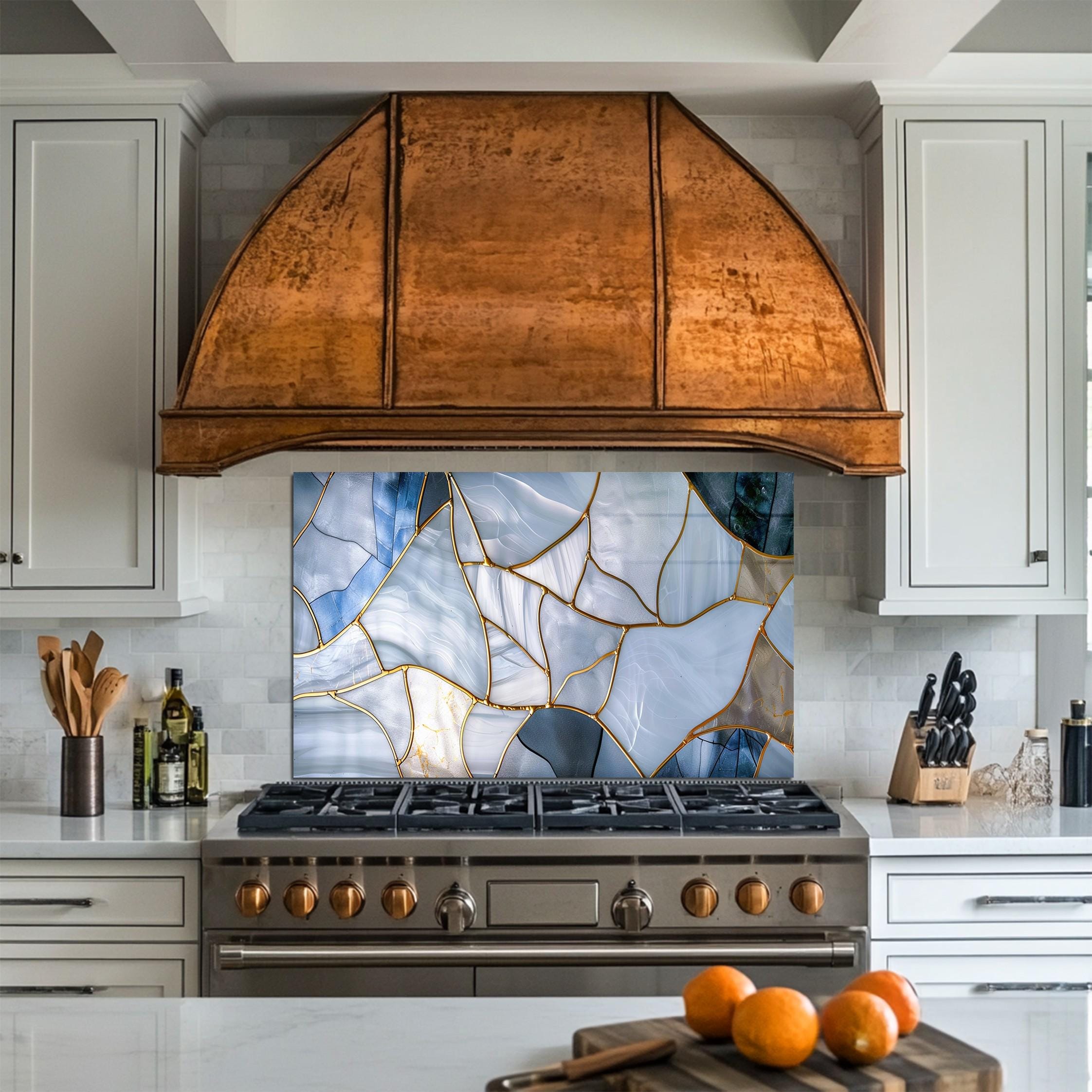 Blue Marble Abstract Glass Backsplash – Modern Gold Vein Tempered Glass ...