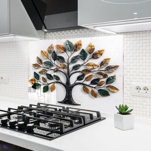 Rivestimento paraschizzi da cucina in vetro temperato Tree: copertura per piano cottura resistente al calore, piastrelle paraschizzi in vetro
