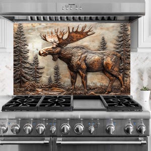 Achterkant van gehard glas Moose Forest: rustieke keukenmuurkunst