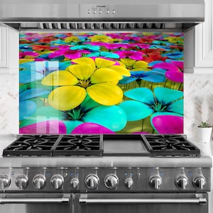 Floral Tempered Glass Kitchen Backsplash: Colorful Flower Tile