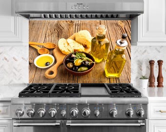 Rivestimento paraschizzi per cucina Olive Oil: piastrelle in vetro temperato