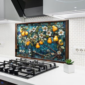 Pear Tree Tempered Glass Kitchen Backsplash: Heat Resistant Stove Cover, Glass Splashback Tile
