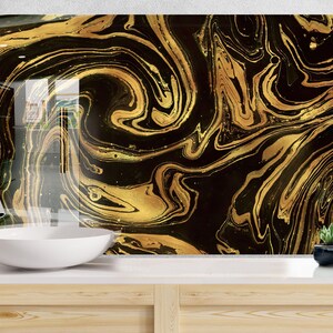 Tempered Glass Gold Backsplash Design, Cooker Wall Backsplash Panel, Glass Splashback For Kitchen Panel Design, Golden Splashback Marble