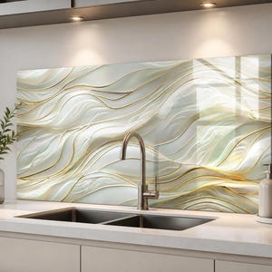 Puede incluir: Un panel rectangular para salpicadero de cocina con un diseño abstracto y brillante de ondas fluidas en blanco y crema, acentuado con finas líneas doradas metálicas. El panel está colocado detrás de un grifo y fregadero de acero inoxidable.