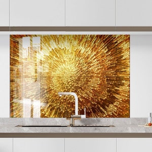 Tempered Glass Gold Backsplash Design, Cooker Wall Backsplash Panel, Glass Splashback For Kitchen Panel Design, Golden Splashback Marble