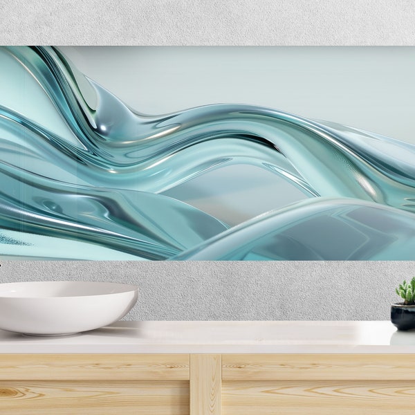 Tempered Glass Backsplash Tiles-Stove Wave Backsplash for Kitchen Splashback Stove Back Cover-Sink Splashback Tile-Blue Wave Tile